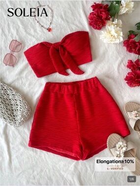 SHEIN Red High-Waist Textured Bermuda Shorts